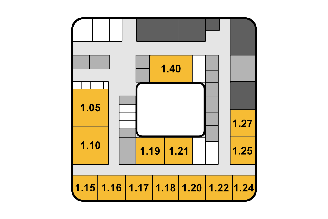 Planta do piso 1, do edificio 1, com a localização das salas dos ecrãs interativos