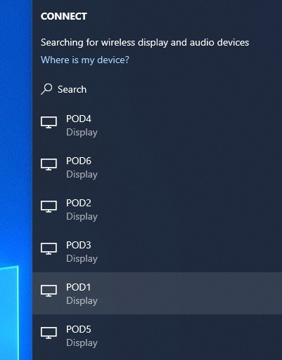 Menu de ligações aos Pods